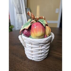 Fitz & Floyd Basket Weave Cookie Jar / Canister - Apple Plums Pear‎ Grape 9 X 7
